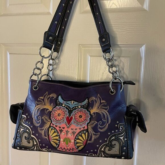 Purple and multi color Owl art and embroidery work  shoulder bag. - Picture 14 of 14